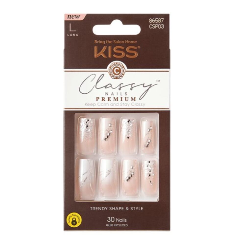 KISS Classy Premium Press‑On Nails Long Square Nude Pink Glitter Rhinestones
